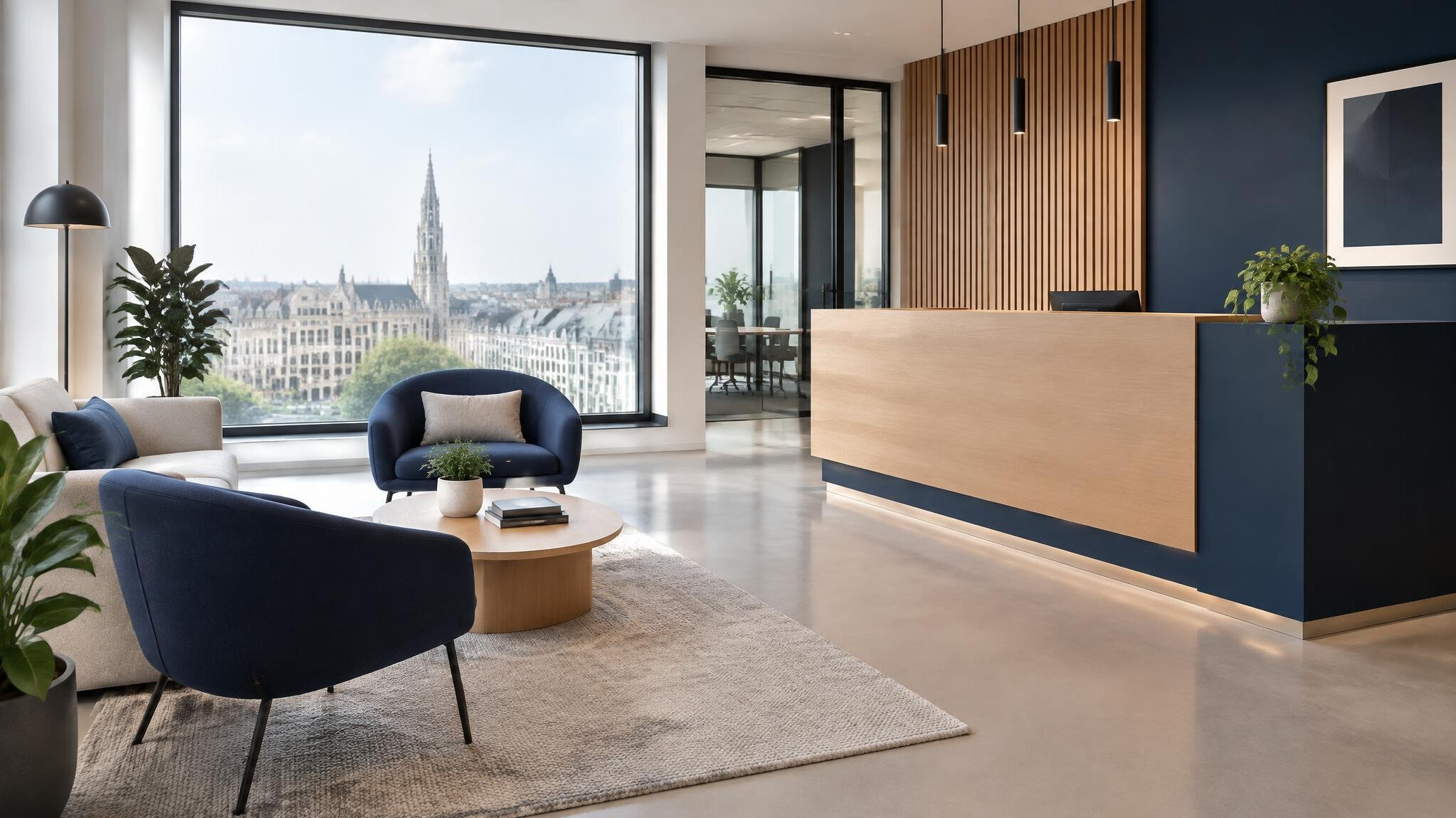 Modern office reception area with seating