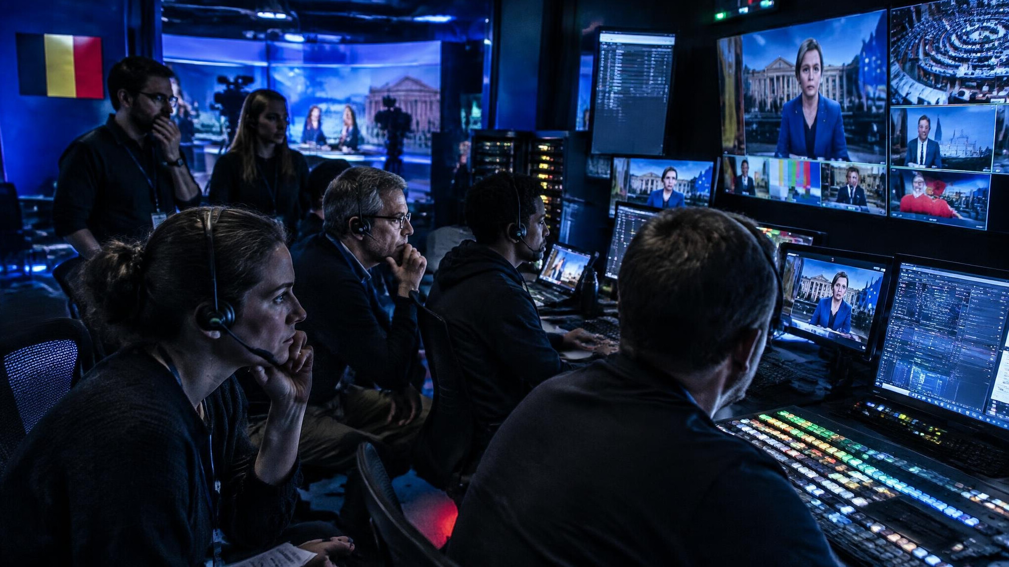 Tense moment in a television studio control room during a live broadcast